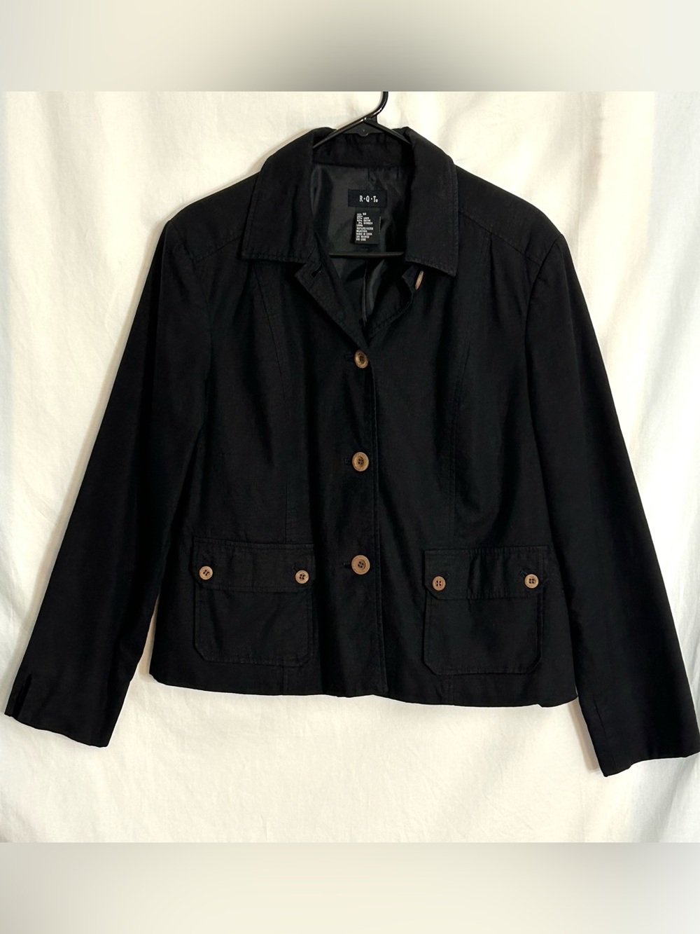 VTG 90s Black Linen Blazer Light Jacket Women's Sz 14 Button Down Lined Pockets